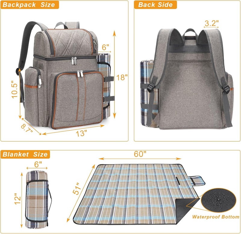 TwentyNext Picnic Backpack for 4, Picnic Basket Set, Leakproof Picnic Bag, Beach Cooler Backpack with Insulated Cooler Wine Pouch,Picnic Blanket, Double Deck Picnic Backpack for Beach,Camping,Park(BrushedKhaki) - Image 2